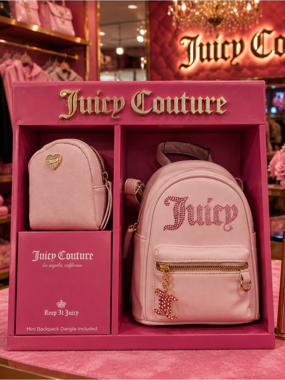 Juicy Couture Light Pink Mini Backpack & Matching Pouch with Gold Hardware